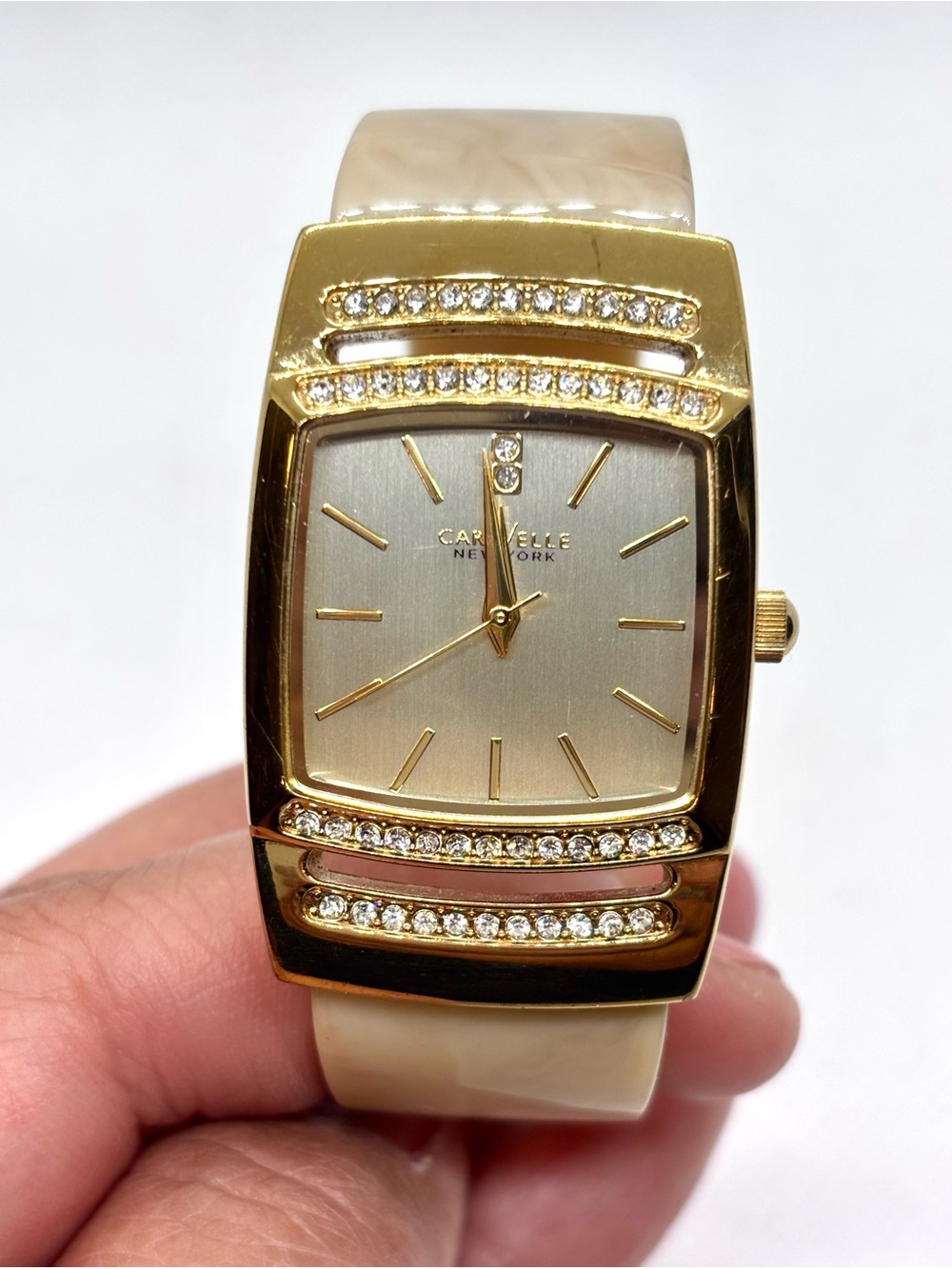 Caravelle New York 44L142 Ladies Bone Tone Bangle Watch with Crystals